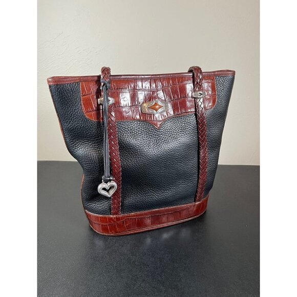 BRIGHTON Pebbled Black Leather Bucket Bag Purse Embossed Brown Croc Leather - Picture 3 of 16